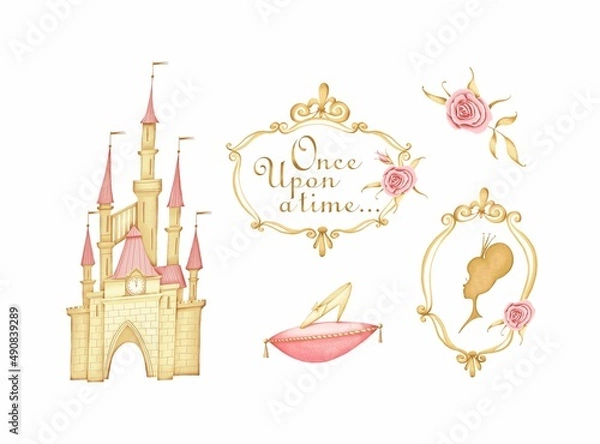 Fototapeta Cinderella set. A fairy-tale castle, the silhouette of a princess, a crystal slipper. Inscription: "Once upon a time". White background. Stock illustration.