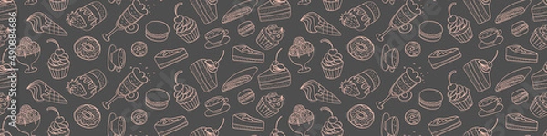 Obraz Seamless pattern with sweet dessert doodles. Hand drawn cakes on dark background. Vector illustration.