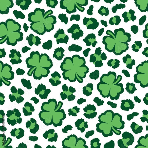 Fototapeta Shamrock and leopard print St. Patrick's Day seamless pattern. Shamrock seamless pattern, Cheetah repeating background. Vector illustration