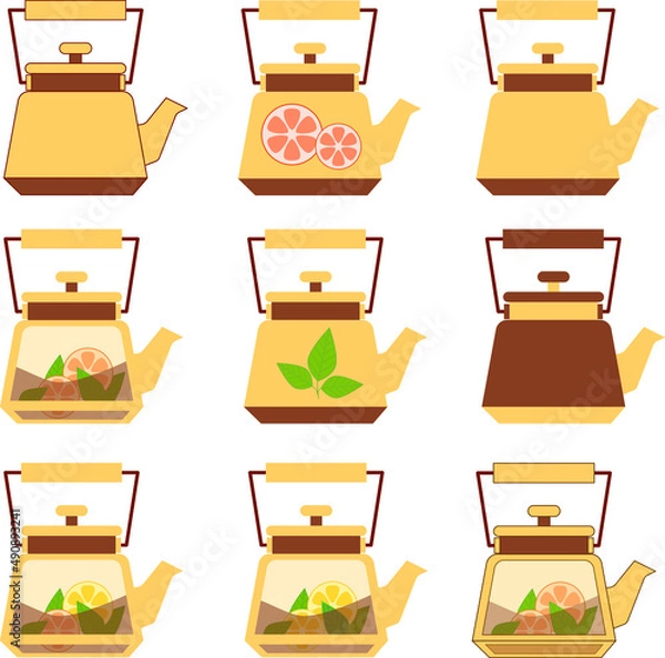Obraz teapot with tea, lemon, orange