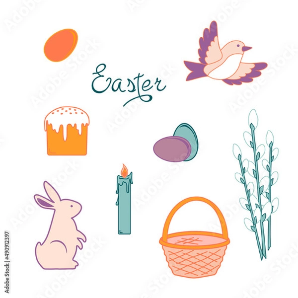 Fototapeta Easter vector composition with the image of eggs, birds, baskets, hare Easter cake and willow