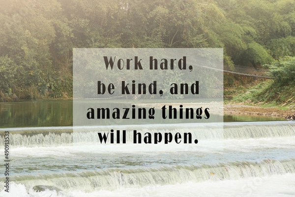 Fototapeta Motivational and inspirational quote on trees and waterfall background