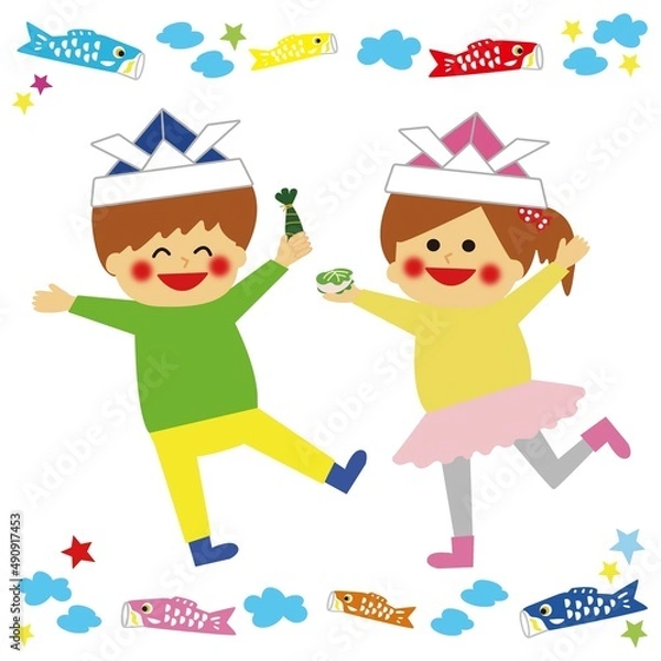 Fototapeta こどもの日を喜ぶこどもたちのイラスト、こいのぼりのフレームあり