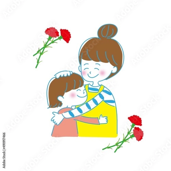 Fototapeta 親子でハグするイラスト、カーネーションあり