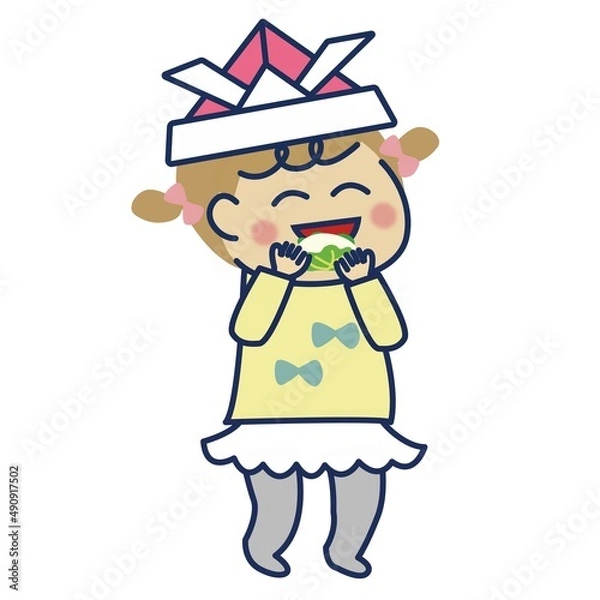 Obraz 柏餅食べる女の子　右向き