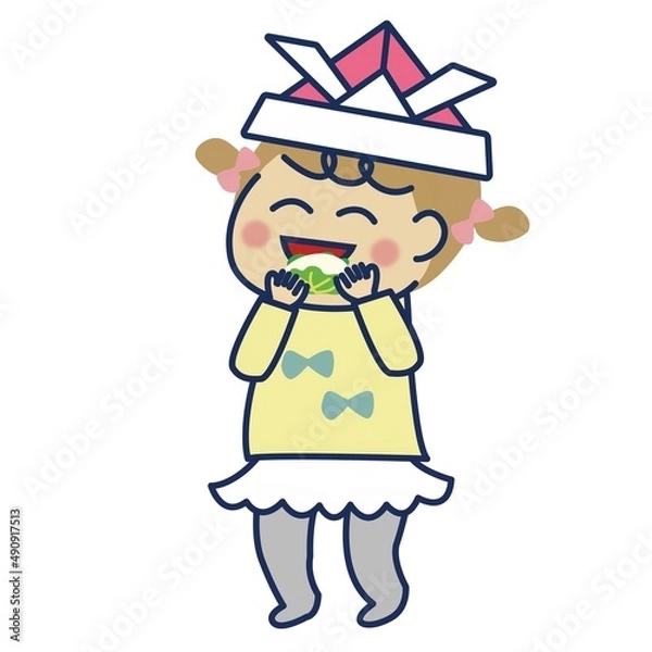 Obraz 柏餅食べる女の子　左向き