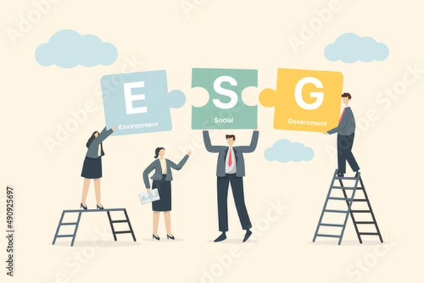 Fototapeta The ESG concept businessmen try to combine on a jigsaw. Environmental, Social and Governance in Sustainable and Ethical Business on Network Green Background