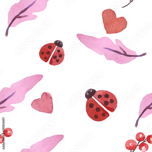 Fototapeta Seamless watercolor pattern on a white background. Ladybug and leaves.