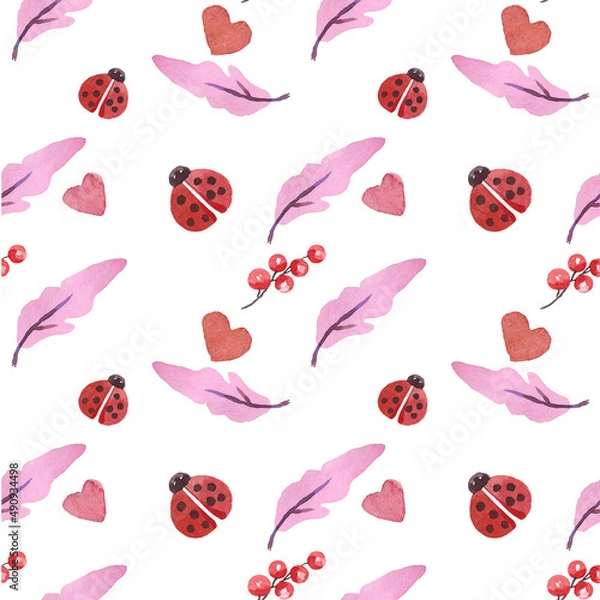 Fototapeta Seamless watercolor pattern on a white background. Ladybug and leaves.
