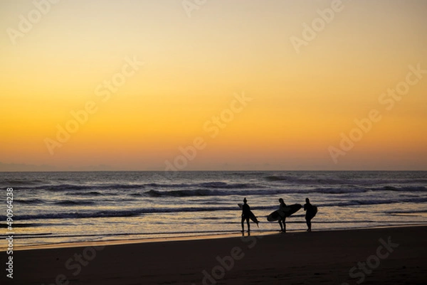 Obraz Surfers on Muriwai beach at sunset