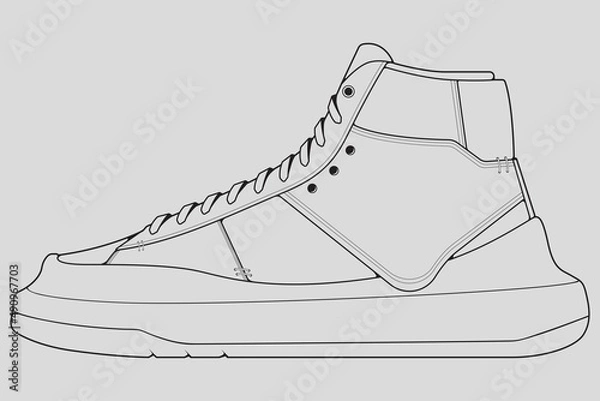 Fototapeta Shoes sneaker outline drawing vector, Sneakers drawn in a sketch style, black line sneaker trainers template outline, vector Illustration.
