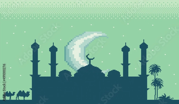Fototapeta pixel art of the month of ramadan there is a magnificent mosque building under the moon and a beautiful sky