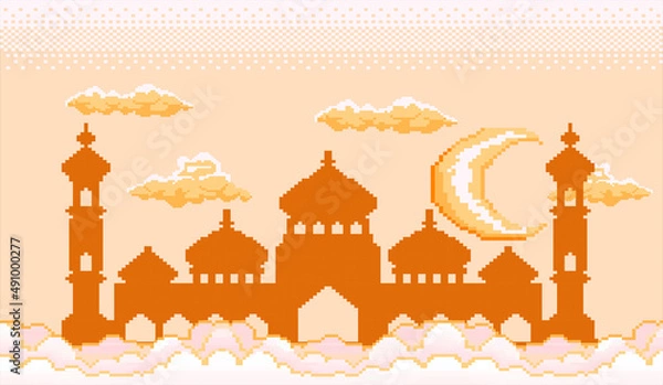 Fototapeta pixel art of the month of ramadan there is a magnificent mosque building under the moon and a beautiful sky