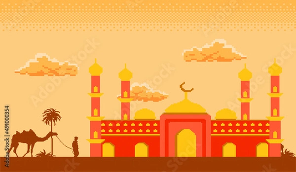 Fototapeta pixel art of ramadan month there are magnificent mosque buildings, camels under the clouds and beautiful sky