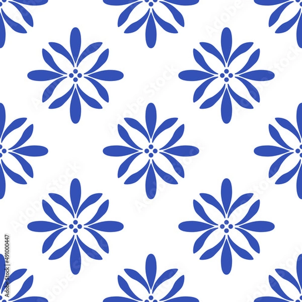Fototapeta Azulejos portuguese traditional ornamental tile, blue and white seamless pattern