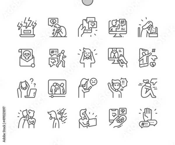 Fototapeta Cyberbullying. Harassment, frustrated and depression. Stop bullying. Pixel Perfect Vector Thin Line Icons. Simple Minimal Pictogram
