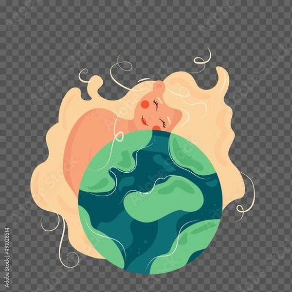Fototapeta Cute beautiful blonde girl in cartoon style hugging the earth on a transparent background