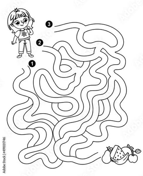 Obraz Help the little girl to reach delicious fruits. Black and white maze game for children.