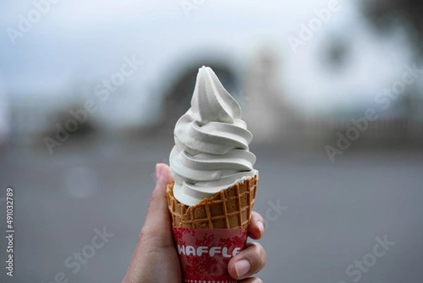 Obraz soft serve ice cream with waffle corn