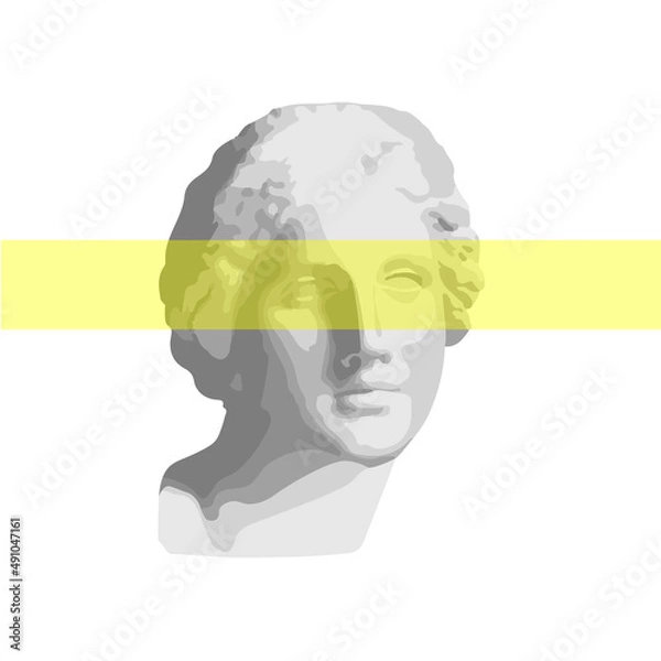 Obraz 3D portrait of the ancient Greek sculpture of Venus de Milo on a white isolated background with a transparent yellow stripe at the eyes. Great for postcard, textile, logo, badge, avatar.