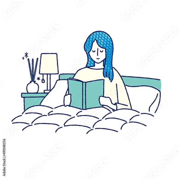 Obraz ベッドで本を読む女性　アロマディフューザー　イラスト　手描き	