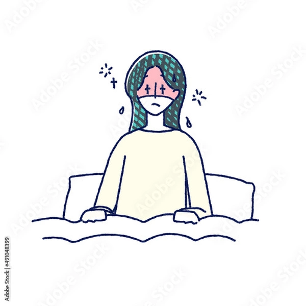 Fototapeta 発熱　病気　女性　イラスト　手描き	