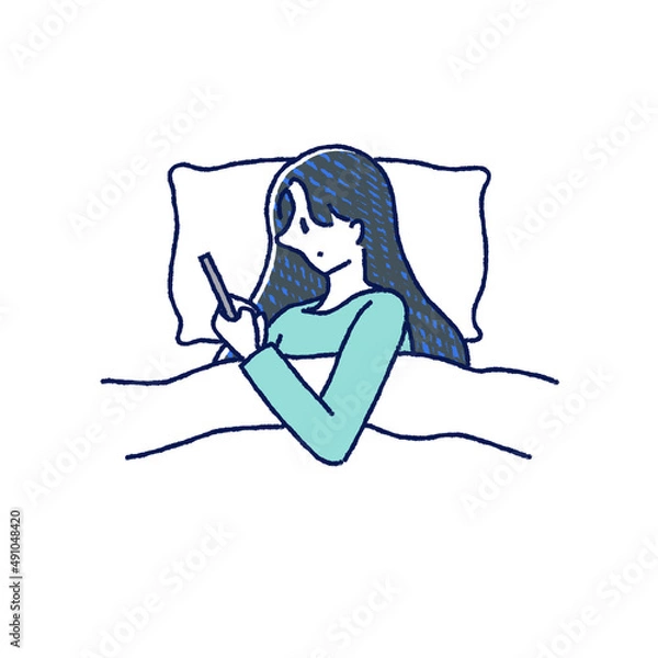 Fototapeta ベッドでスマートフォンを使っている女性　イラスト　手描き	