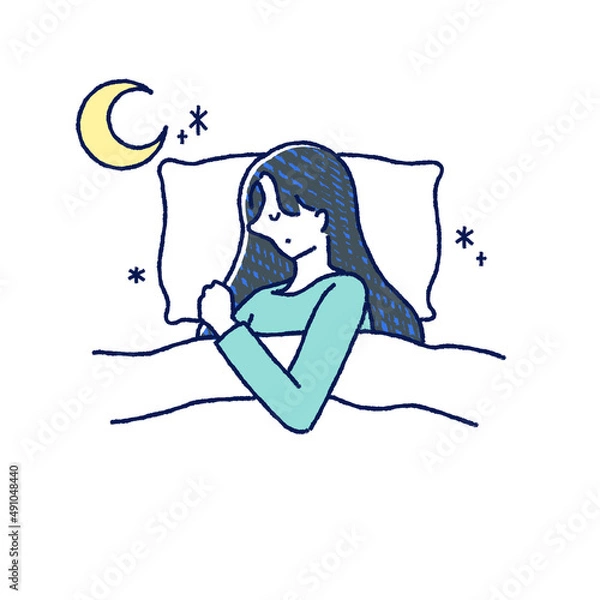 Obraz 月　ベット　寝ている女性　イラスト　手描き	