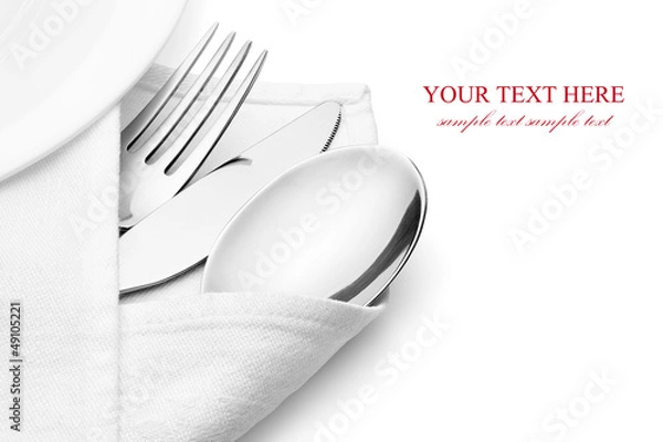 Fototapeta Knife, fork and spoon with linen serviette.