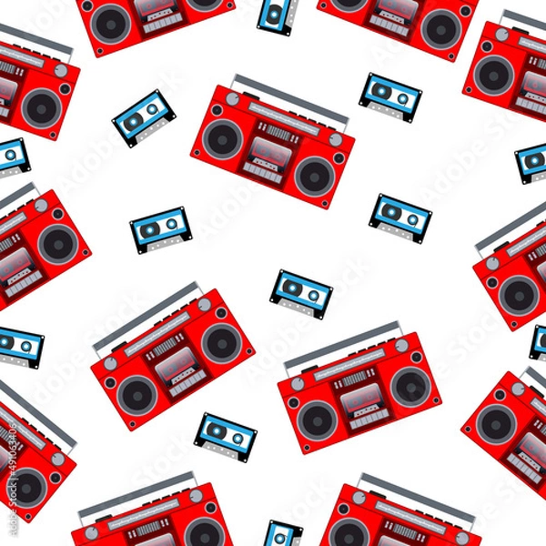 Obraz An analog portable tape recorder and audio cassette on a white background.