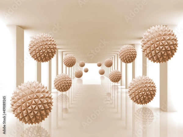 Fototapeta 3d image beige tunnel with walls and balls flying out of it