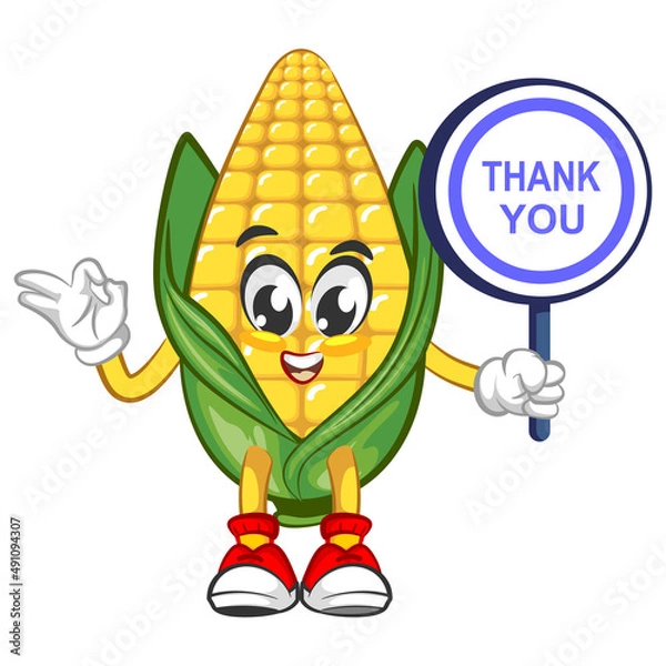 Fototapeta Cute corn character showing a board that says thank you. Vector hand drawn cartoon kawaii mascot illustration icon. Isolated on white background. Corn character concept