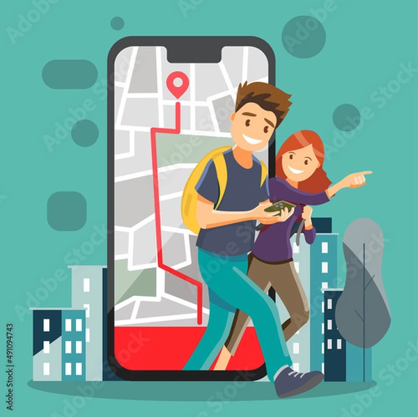 Obraz A man and a woman find their way on a GPS map and travel around the city. Vector illustration.