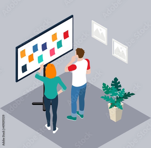 Obraz Project management and financial report strategy. Consulting team. Collaboration concept with collaborative people. Isometric business analysis planning.