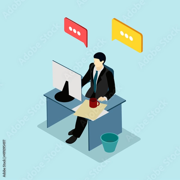 Obraz Workplace. Working on computer. Businessman looking at the laptop screen.