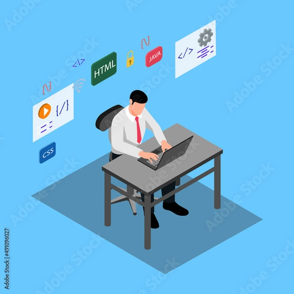 Obraz Workplace. Working on computer. Businessman looking at the laptop screen.