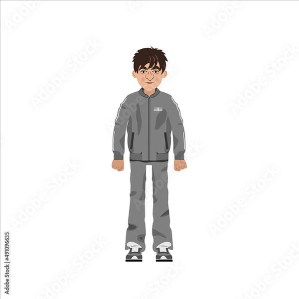 Obraz A shaggy, unkempt man in an animation tracksuit. Vector illustration of a man dressed in dirty and crumpled clothes. All details on separate layers with names