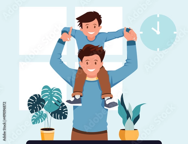 Obraz A portrait of a father carrying a boy on his shoulder, flat design concept. vector illustration