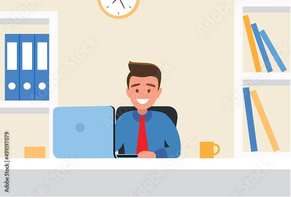 Obraz Workplace. Working on computer. Businessman looking at the laptop screen.