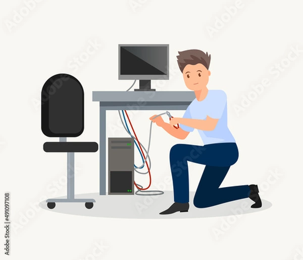 Obraz A professional technician repairs a computer in the office. Man in uniform with repair tools.