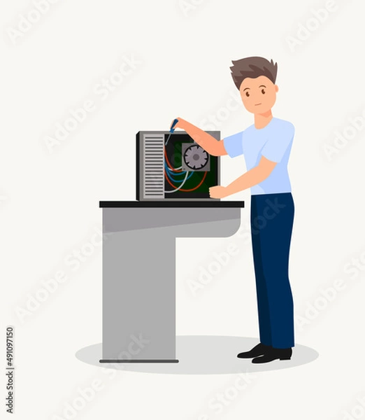 Obraz A professional technician repairs a computer in the office. Man in uniform with repair tools.