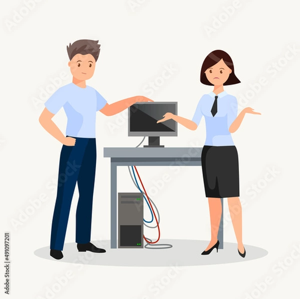 Obraz A professional technician repairs a computer in the office. Man in uniform with repair tools.