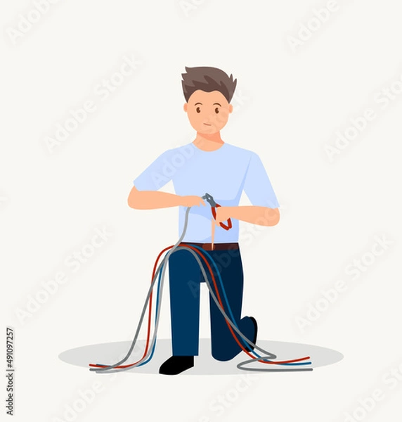 Obraz A professional technician repairs a computer in the office. Man in uniform with repair tools.