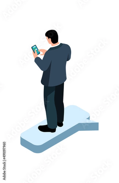 Obraz Isometric business people with gadgets, hi-tech technologies, smartphones, laptops, interactive screen, virtual reality, tablet.