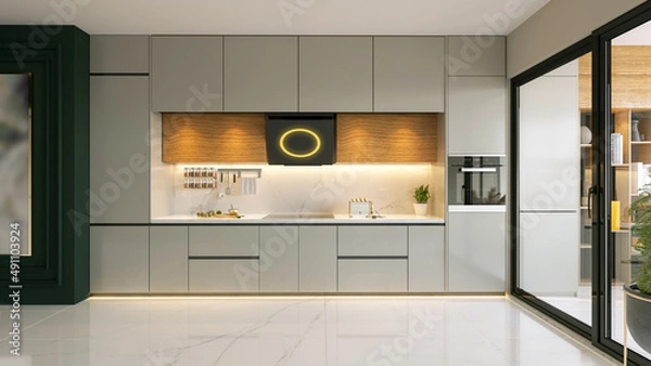 Fototapeta Modern wood and lacquer kitchen cabinet with green wall 3d rendering