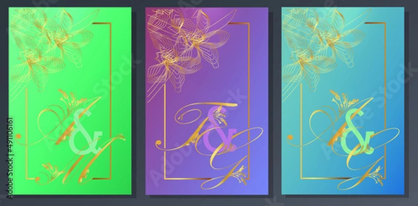 Fototapeta Elegant invitation pattern set. Golden frame with orchids, curved guilloche line design on aquamarine background. Ornate initial letters. Modern vector template, pastel colors.