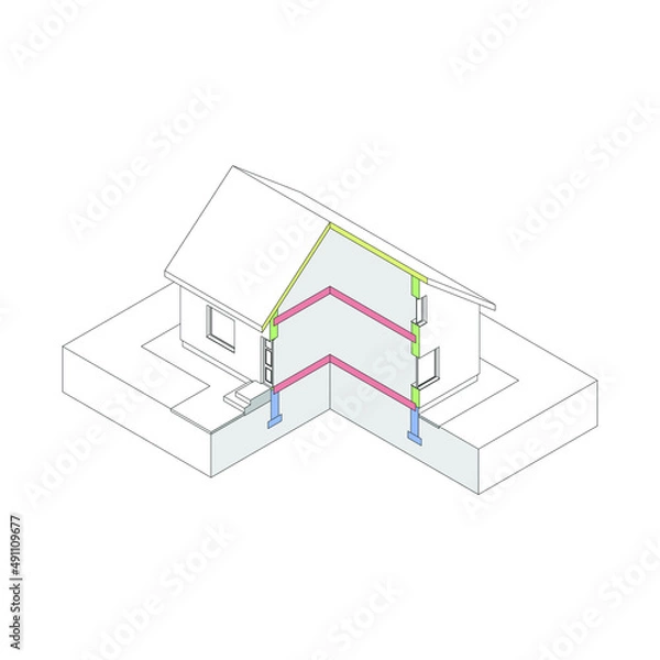 Obraz 3D isometric house wireframe with  marked elements