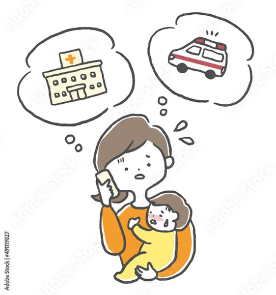 Obraz 子供の急な発熱で病院に電話する母親