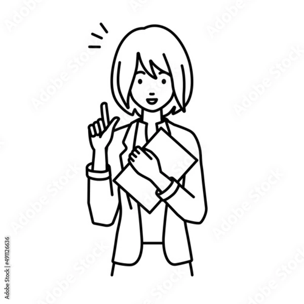 Fototapeta 立って書類を手に持って何かひらめいたジャケットの女性