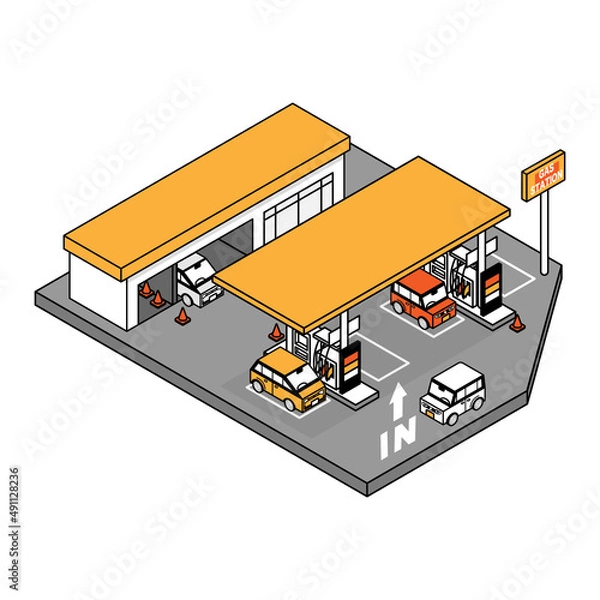 Obraz ガソリンスタンド　車　アイソメ　アイソメトリック　ガソリン